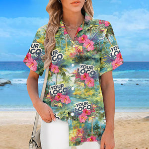 T-shirt hawaïen unisexe personnalisé avec photo « Que l'été commence » - Logo de l'entreprise - Cadeau de vacances d'été, cadeau pour collègue ou membre de l'équipe
