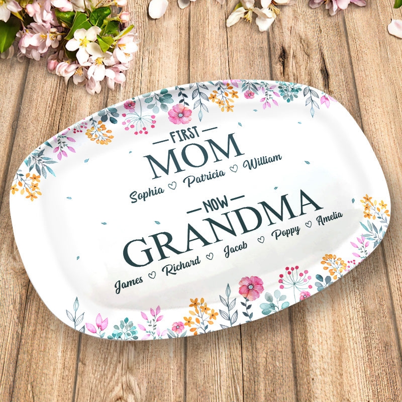 D'abord maman, maintenant grand-mère - Plateau personnalisé familial - Cadeau d'anniversaire pour grand-mère
