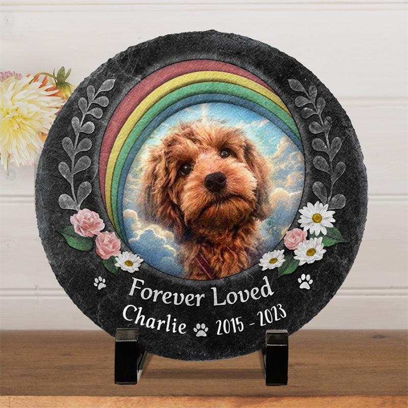Photo personnalisée « Forever Loved » - Pierre commémorative ronde personnalisée avec support - Cadeau de condoléances pour les propriétaires et les amoureux des animaux