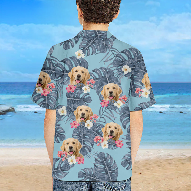 T-shirt hawaïen unisexe personnalisé avec photo de feuilles tropicales et d'animaux de compagnie pour chien et chat - Cadeau d'été, d'anniversaire pour enfants, propriétaires d'animaux et amoureux des animaux