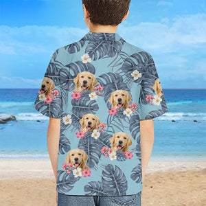 T-shirt hawaïen unisexe personnalisé avec photo de feuilles tropicales et d'animaux de compagnie pour chien et chat - Cadeau d'été, d'anniversaire pour enfants, propriétaires d'animaux et amoureux des animaux