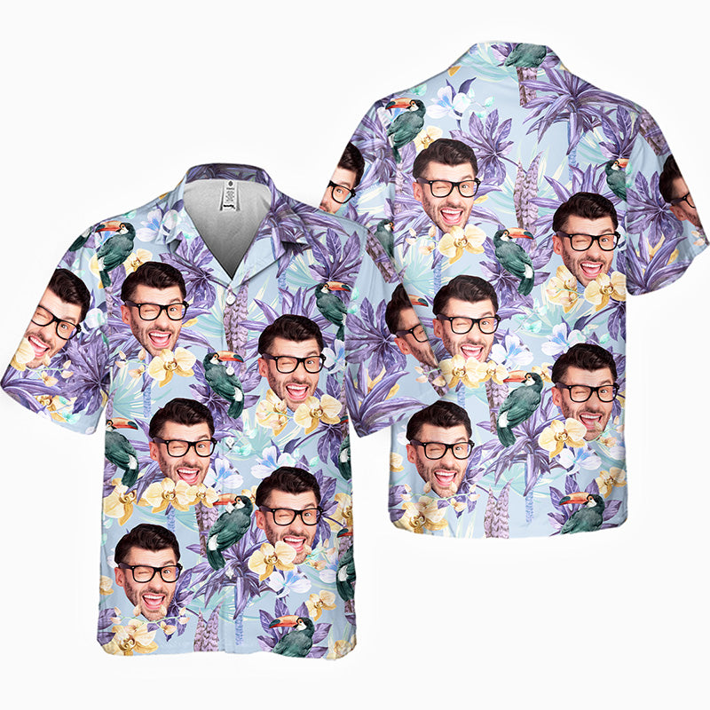 Motif de fleur d'oiseau tropical personnalisé - Chemise hawaïenne unisexe personnalisée pour couple - Cadeau de vacances d'été, cadeau pour mari et femme