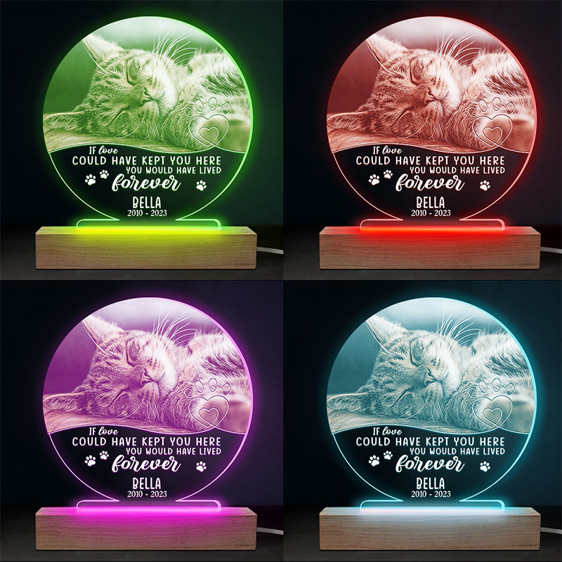 Photo personnalisée « Si l'amour avait pu vous garder ici » - Lampe LED 3D ronde personnalisée commémorative - Cadeau de condoléances pour les propriétaires et les amoureux des animaux