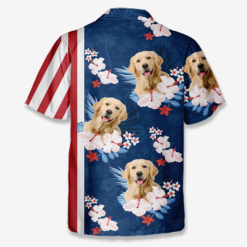 Photo personnalisée « Amoureux de mon été » - T-shirt hawaïen unisexe patriotique personnalisé pour chien et chat - Fête de l'Indépendance, 4 juillet, cadeau de vacances d'été, cadeau pour propriétaires d'animaux et amoureux des animaux