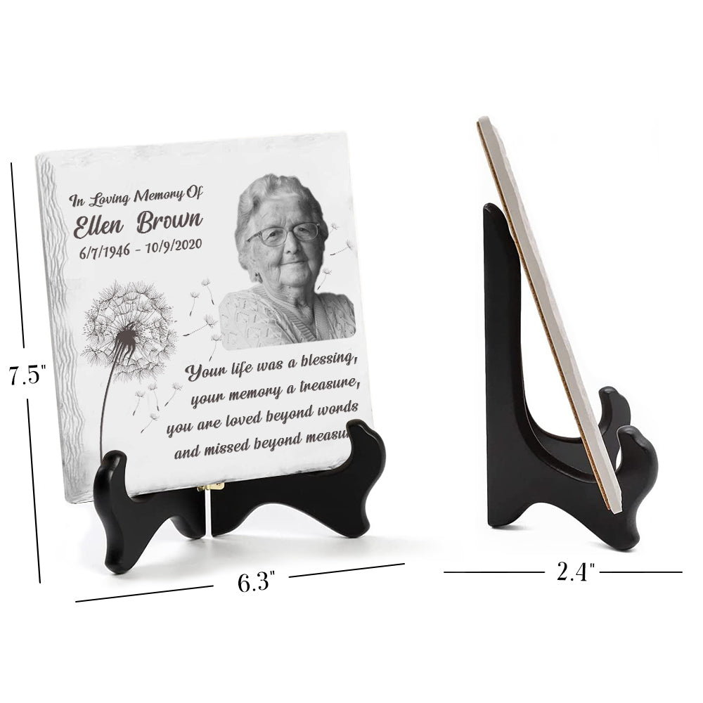 Photo personnalisée « Votre vie a été une bénédiction » - Plaque commémorative personnalisée en céramique de forme carrée avec support - Cadeau de condoléances, cadeau pour les membres de la famille