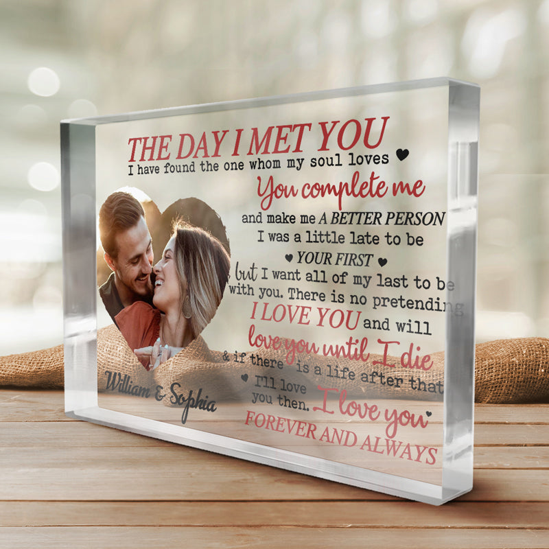 Photo personnalisée « Tu me complète et fais de moi une meilleure personne » – Plaque acrylique rectangulaire personnalisée pour couple – Cadeau pour mari et femme, anniversaire