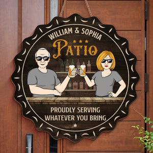 Proudly Serving Whatever You Bring - Couple Personalized Custom Shaped Home Decor Wood Sign - House Warming Gift For Husband Wife, Anniversary