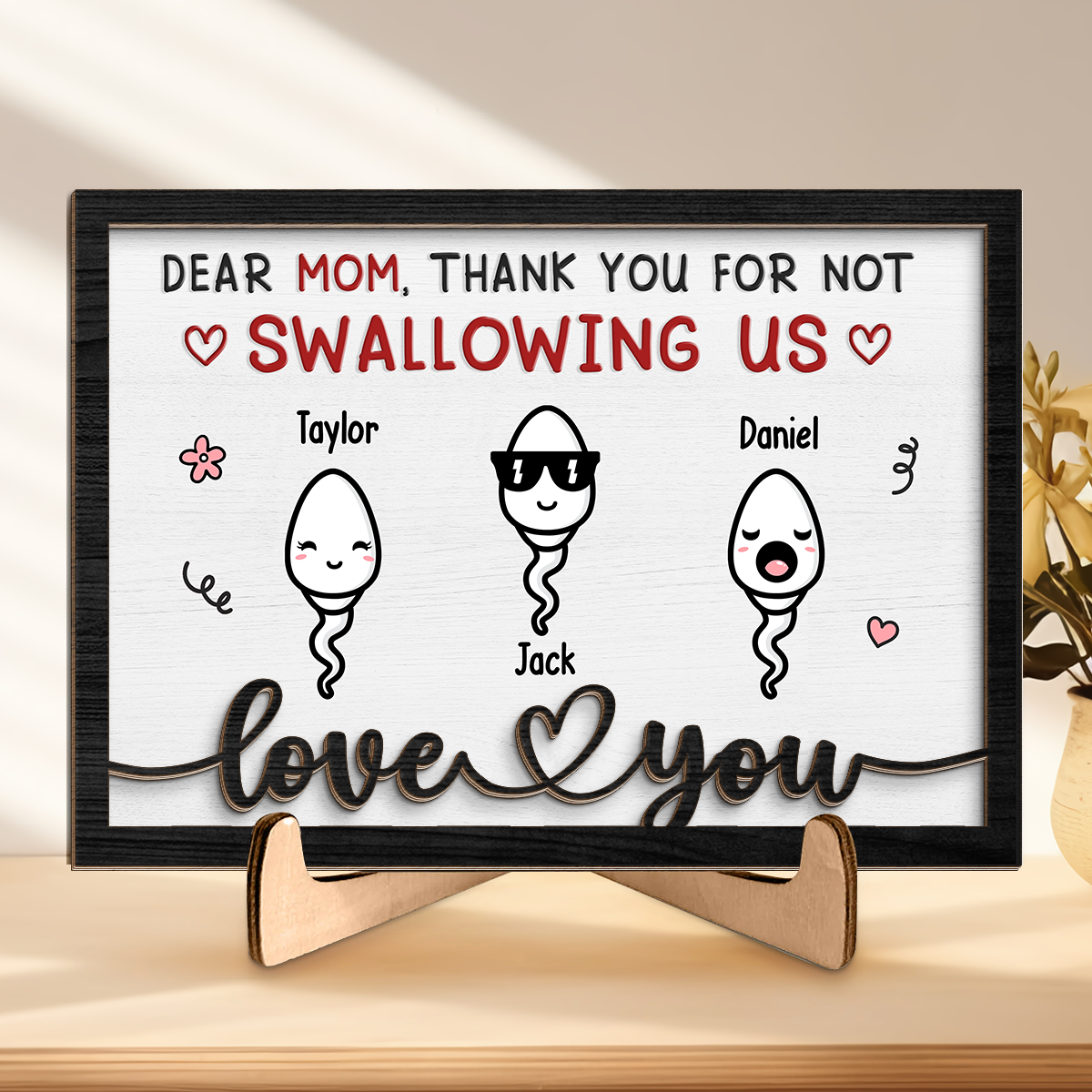 Merci de ne pas nous avoir avalés - Plaque en bois personnalisée à 2 couches avec support - Cadeau de pendaison de crémaillère pour maman