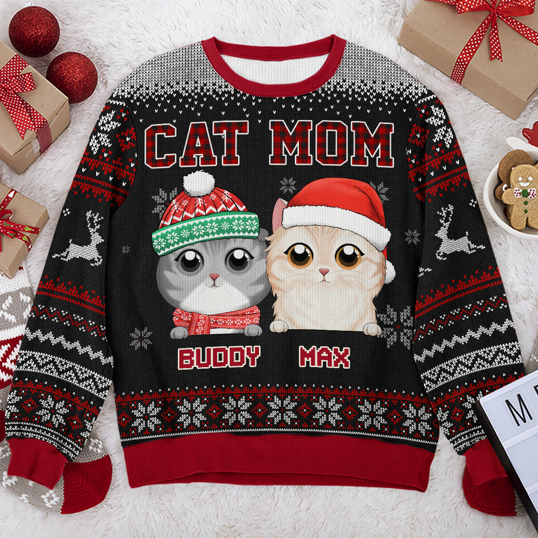 Fière d'être devenue maman chat - Sweat-shirt moche personnalisé chat - Pull en laine unisexe - Cadeau de Noël pour propriétaires et amoureux des animaux
