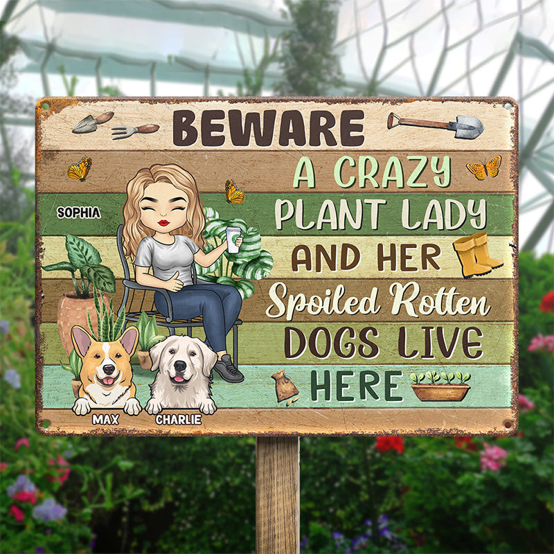 Crazy Plant Lady et ses animaux sont là - Plaque en métal personnalisée pour chien et chat - Cadeau de pendaison de crémaillère pour propriétaires d'animaux, amoureux des animaux et jardiniers