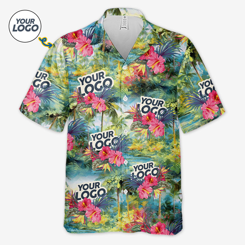 T-shirt hawaïen unisexe personnalisé avec photo « Que l'été commence » - Logo de l'entreprise - Cadeau de vacances d'été, cadeau pour collègue ou membre de l'équipe