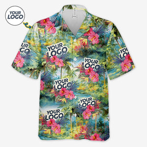 T-shirt hawaïen unisexe personnalisé avec photo « Que l'été commence » - Logo de l'entreprise - Cadeau de vacances d'été, cadeau pour collègue ou membre de l'équipe