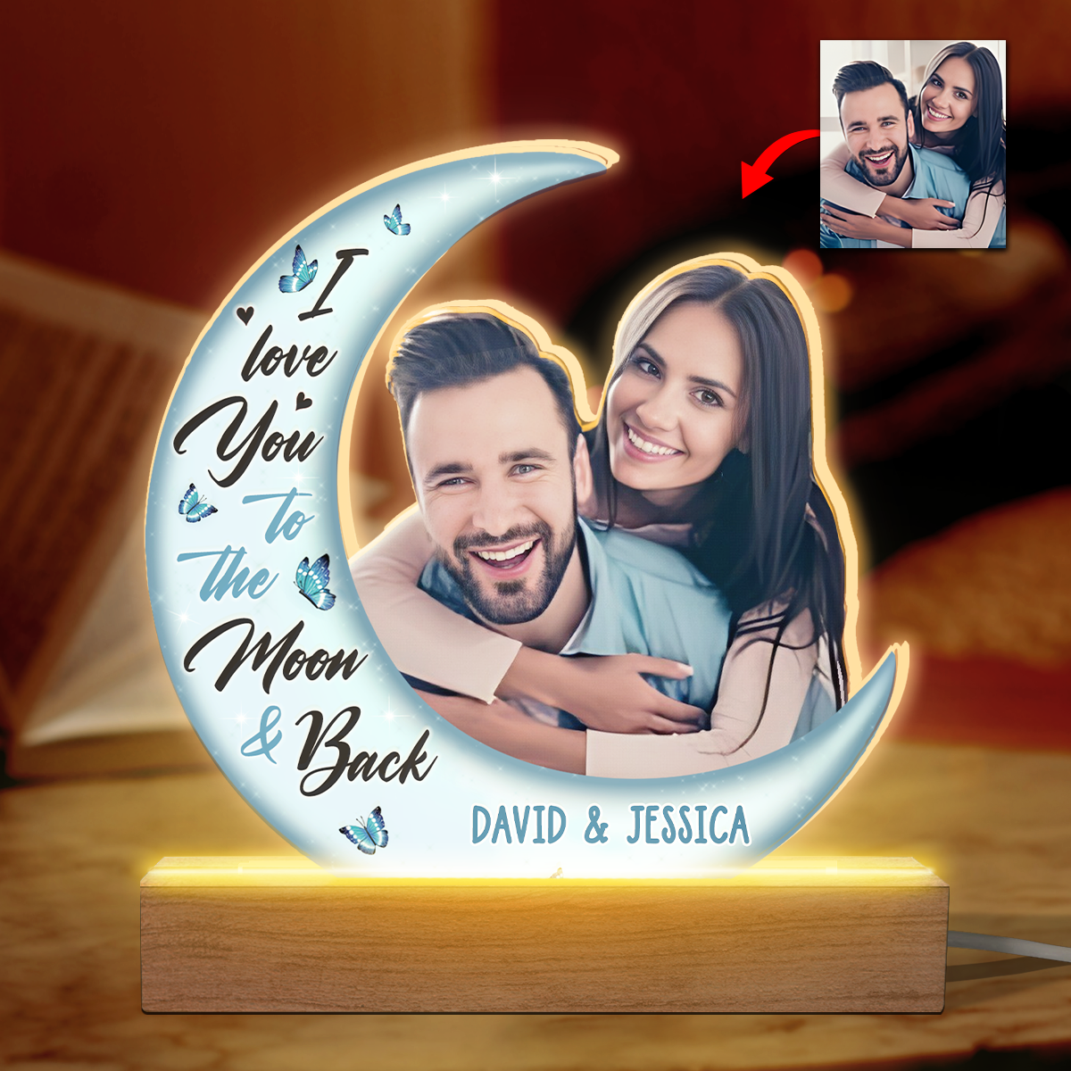Photo personnalisée « Love You To The Moon And Back » - Couple personnalisé avec lumière LED 3D en forme personnalisée - Téléchargez une photo cadeau pour mari et femme, anniversaire