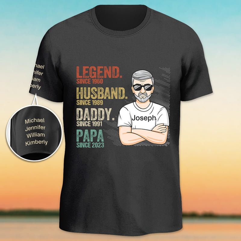 T-shirt unisexe personnalisé avec motif sur la manche, pour la fête des pères et un anniversaire.