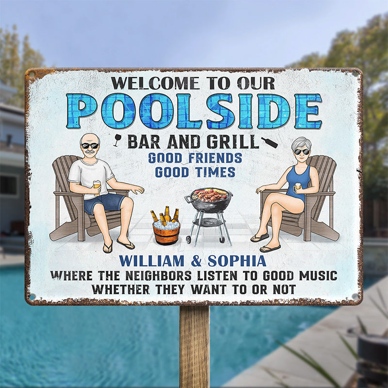 Bienvenue au bord de la piscine, au bar et au grill - Plaque en métal personnalisée pour couple - Cadeau de pendaison de crémaillère pour mari et femme, anniversaire
