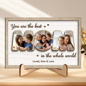 Photo personnalisée « Vous êtes le monde » – Plaque en bois personnalisée à 2 couches avec support pour famille – Cadeau de pendaison de crémaillère pour maman
