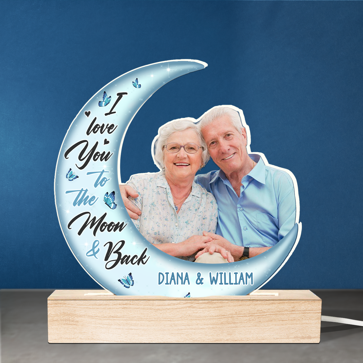 Photo personnalisée « Love You To The Moon And Back » - Couple personnalisé avec lumière LED 3D en forme personnalisée - Téléchargez une photo cadeau pour mari et femme, anniversaire