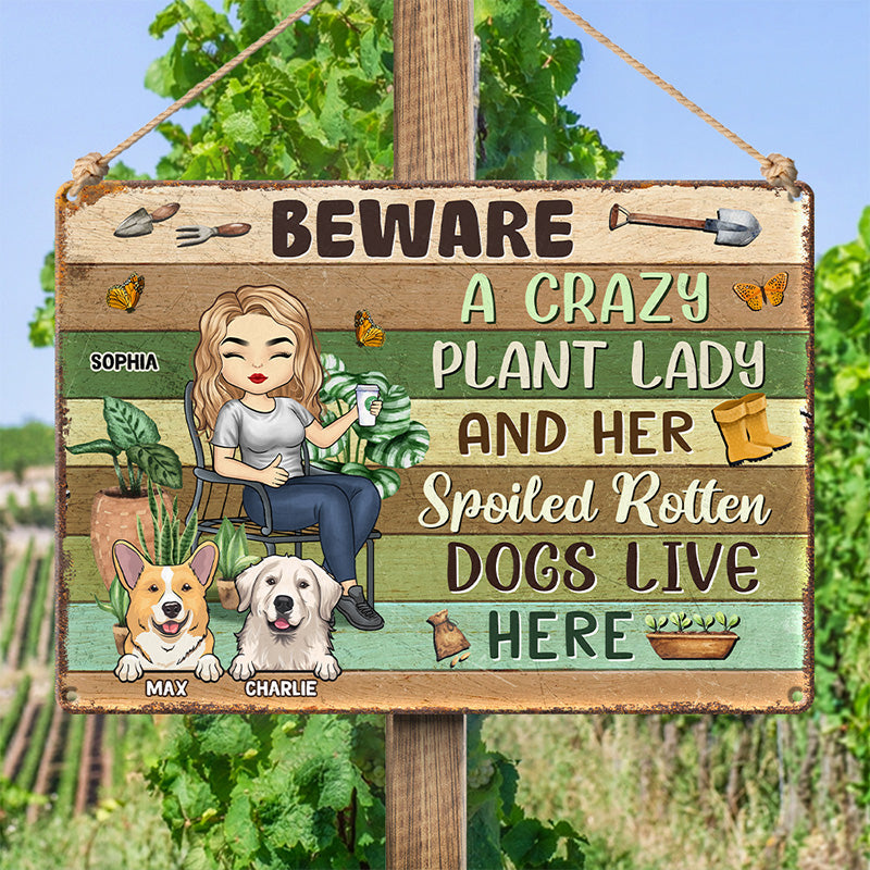 Crazy Plant Lady et ses animaux sont là - Plaque en métal personnalisée pour chien et chat - Cadeau de pendaison de crémaillère pour propriétaires d'animaux, amoureux des animaux et jardiniers