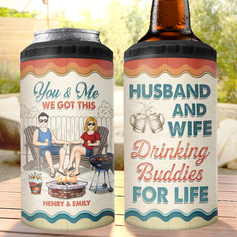 Mari et femme, amis de beuverie pour la vie, on a ça ! Gobelet isotherme 4 en 1 personnalisé pour le camping ! Cadeau pour mari, femme et amoureux du camping