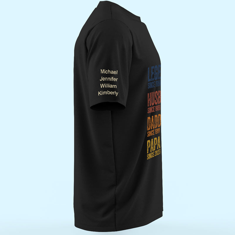 T-shirt unisexe personnalisé avec motif sur la manche, pour la fête des pères et un anniversaire.