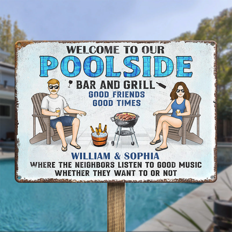 Bienvenue au bord de la piscine, au bar et au grill - Plaque en métal personnalisée pour couple - Cadeau de pendaison de crémaillère pour mari et femme, anniversaire
