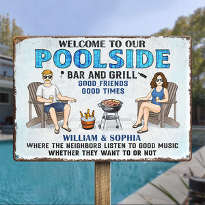 Bienvenue au bord de la piscine, au bar et au grill - Plaque en métal personnalisée pour couple - Cadeau de pendaison de crémaillère pour mari et femme, anniversaire