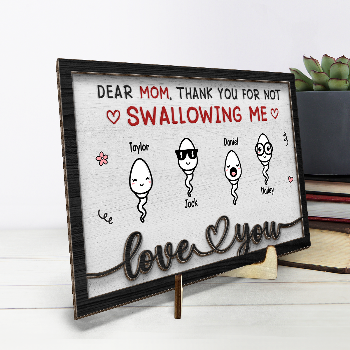 Merci de ne pas nous avoir avalés - Plaque en bois personnalisée à 2 couches avec support - Cadeau de pendaison de crémaillère pour maman
