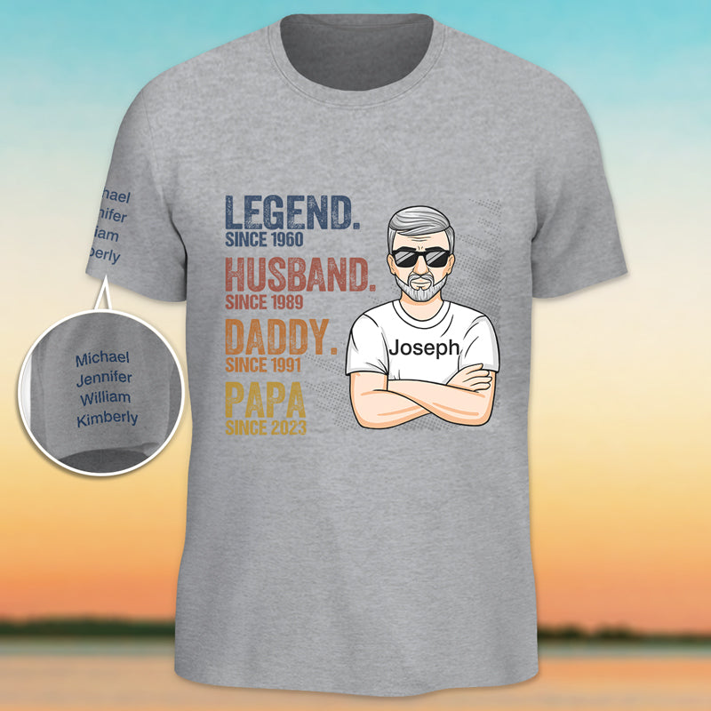T-shirt unisexe personnalisé avec motif sur la manche, pour la fête des pères et un anniversaire.