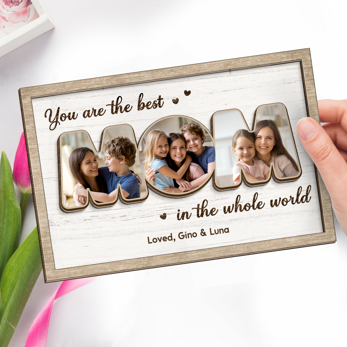 Photo personnalisée « Vous êtes le monde » – Plaque en bois personnalisée à 2 couches avec support pour famille – Cadeau de pendaison de crémaillère pour maman