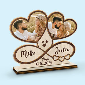 Photo personnalisée : L'amour nous unit en tant que couple - Plaque en bois personnalisée à 2 couches avec support plat - Cadeau de pendaison de crémaillère, cadeau pour mari et femme, cadeau d'anniversaire