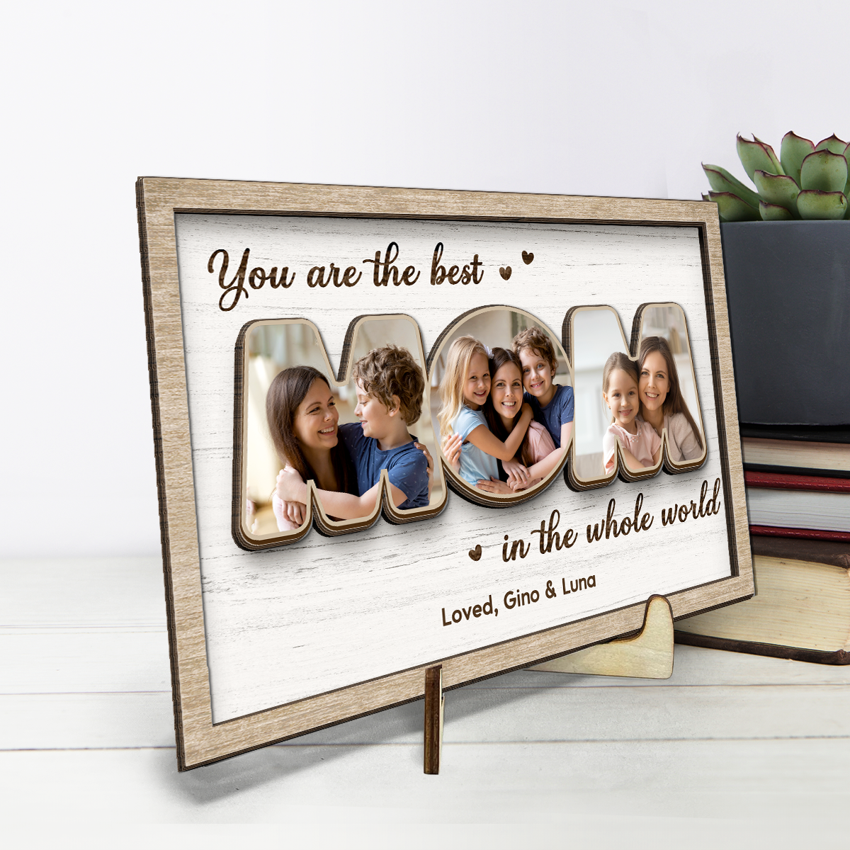Photo personnalisée « Vous êtes le monde » – Plaque en bois personnalisée à 2 couches avec support pour famille – Cadeau de pendaison de crémaillère pour maman