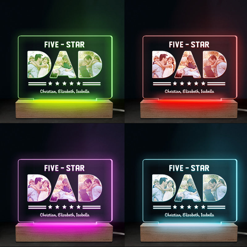 Photo personnalisée Papa cinq étoiles - Lampe LED 3D rectangulaire personnalisée pour la famille - Cadeau d'anniversaire, fête des pères pour papa et grand-père