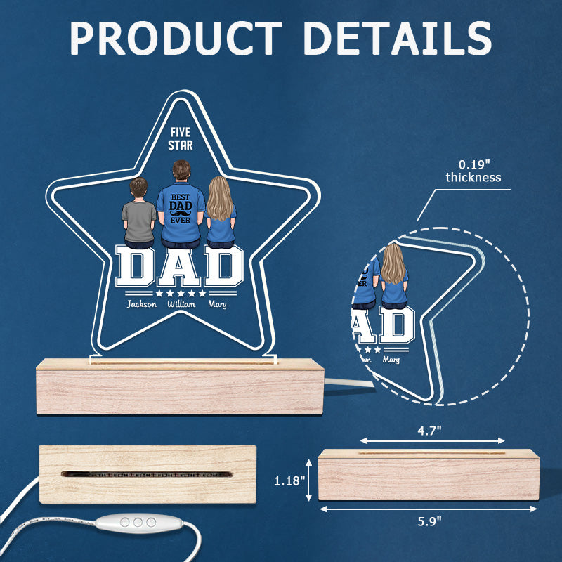 Meilleur papa de tous les temps - Lampe LED 3D personnalisée en forme d'étoile à cinq branches - Cadeau d'anniversaire et de fête des pères pour papa