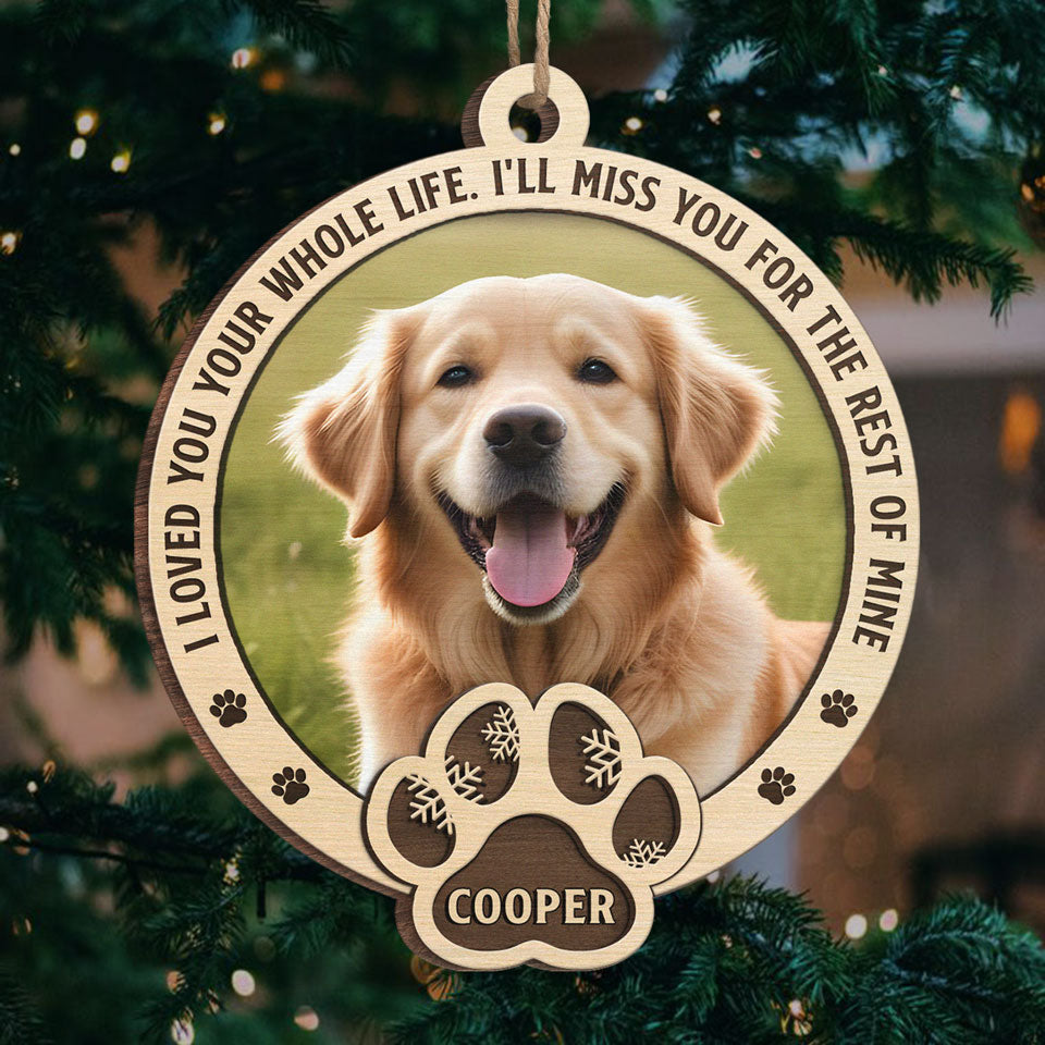 Photo personnalisée « L'amour d'un chien est éternel » - Ornement commémoratif personnalisé - Forme en bois personnalisée - Cadeau de Noël, cadeau de condoléances pour les propriétaires d'animaux et les amoureux des animaux