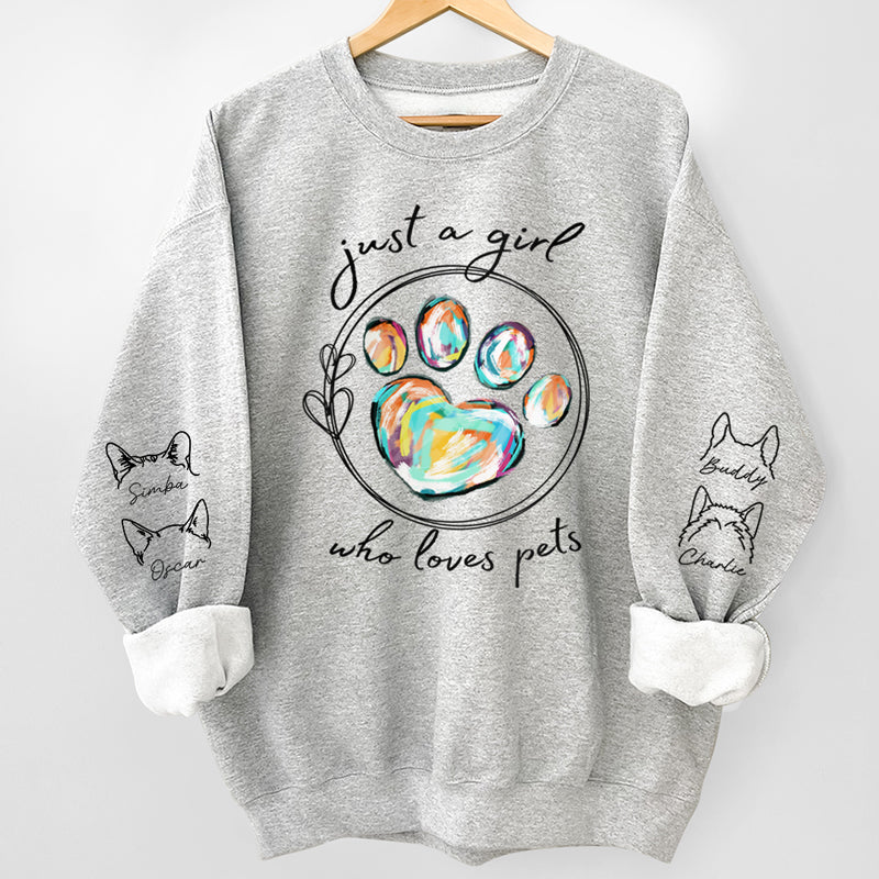 Une belle fille qui aime les animaux - Sweat-shirt unisexe personnalisé pour chien et chat avec motif sur la manche - Cadeau pour les propriétaires et les amoureux des animaux