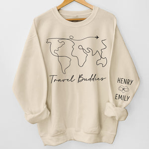 We're On The Vacay Mode - Couple Travel Personalized Custom Unisex Sweatshirt With Design On Sleeve - Holiday Vacation Gift, Gift For Adventure Travel Lovers, Husband Wife, Anniversary