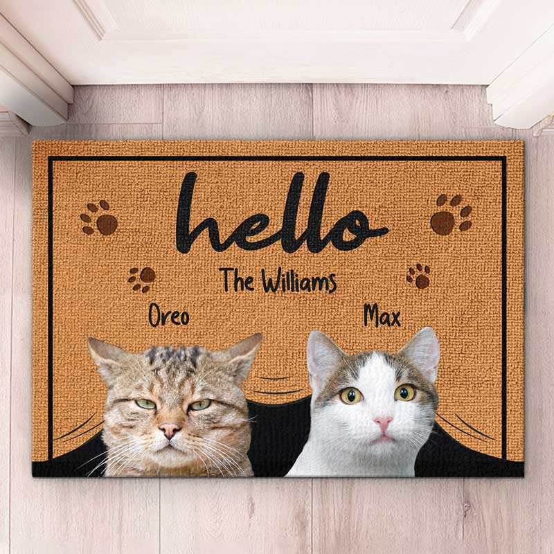 Tapis décoratif personnalisé avec photo « Bonjour, nous sommes là » pour chien et chat - Cadeau pour les propriétaires et les amoureux des animaux