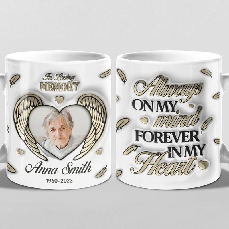 Photo personnalisée « Tu es à jamais dans mon cœur » - Mug commémoratif personnalisé avec effet gonflé 3D - Cadeau de condoléances pour les membres de la famille