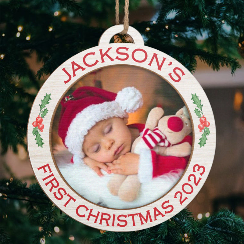 Photo personnalisée Mon premier Noël - Ornement personnalisé familial - Forme ronde en bois - Cadeau de Noël pour les membres de la famille