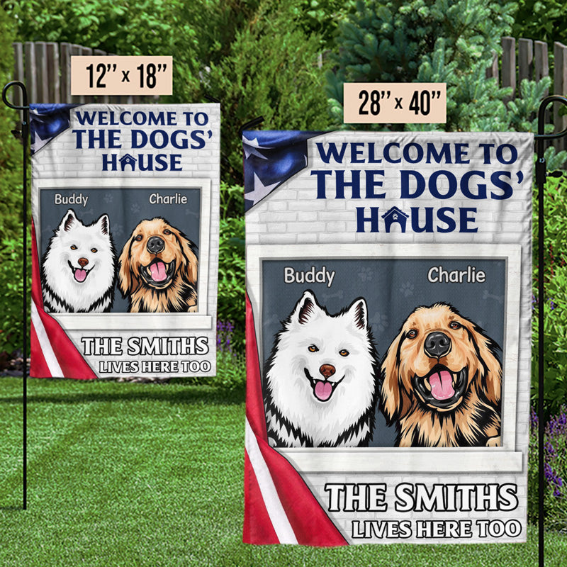 Bienvenue chez Dog's House - Drapeau patriotique personnalisé pour chien - Jour de l'Indépendance, 4 juillet, cadeau pour les propriétaires d'animaux et les amoureux des animaux