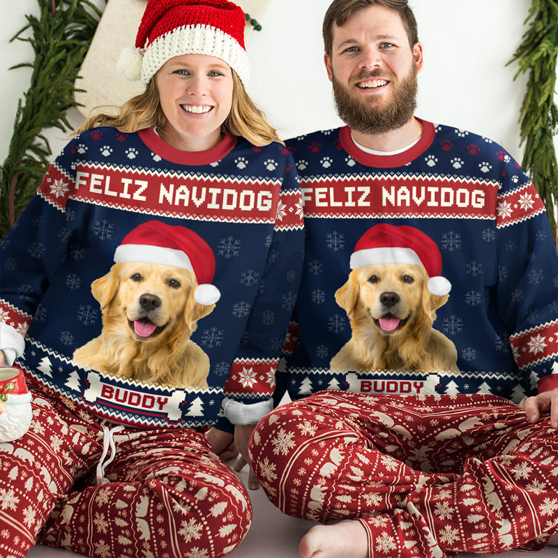 Sweat-shirt personnalisé avec photo « Nous vous souhaitons un joyeux Noël » pour chien - Pull en laine unisexe - Cadeau de Noël pour les propriétaires et les amoureux des animaux