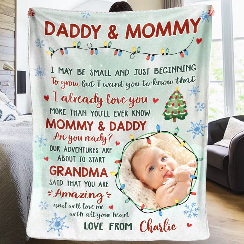 Couverture personnalisée avec photo « Chers papas et mamans » - Cadeau de naissance, cadeau de Noël pour une première maman
