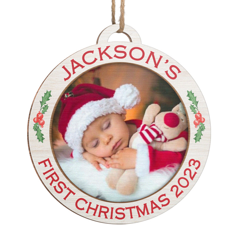 Photo personnalisée Mon premier Noël - Ornement personnalisé familial - Forme ronde en bois - Cadeau de Noël pour les membres de la famille