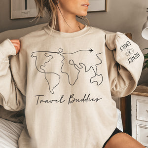 We're On The Vacay Mode - Couple Travel Personalized Custom Unisex Sweatshirt With Design On Sleeve - Holiday Vacation Gift, Gift For Adventure Travel Lovers, Husband Wife, Anniversary