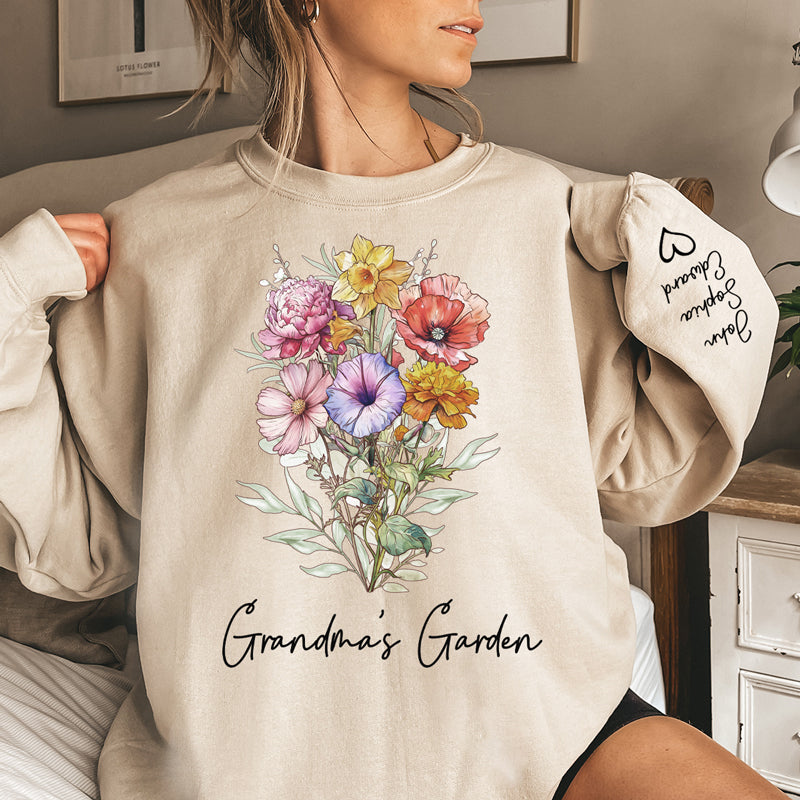 Le joli jardin de grand-mère - Sweat-shirt unisexe personnalisé avec motif sur la manche - Cadeau d'anniversaire pour maman et grand-mère