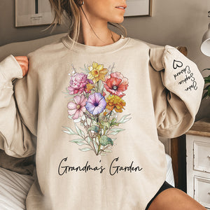 Le joli jardin de grand-mère - Sweat-shirt unisexe personnalisé avec motif sur la manche - Cadeau d'anniversaire pour maman et grand-mère