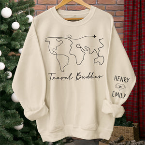 We're On The Vacay Mode - Couple Travel Personalized Custom Unisex Sweatshirt With Design On Sleeve - Holiday Vacation Gift, Gift For Adventure Travel Lovers, Husband Wife, Anniversary