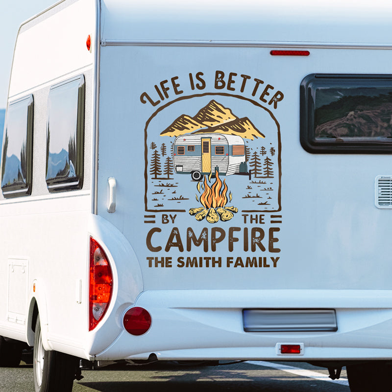 La vie est meilleure au coin du feu - Autocollant personnalisé pour camping-car - Cadeau pour les amateurs de camping