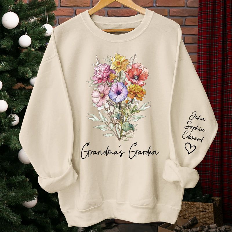 Le joli jardin de grand-mère - Sweat-shirt unisexe personnalisé avec motif sur la manche - Cadeau d'anniversaire pour maman et grand-mère