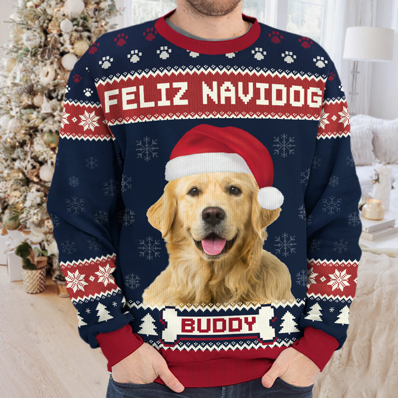 Sweat-shirt personnalisé avec photo « Nous vous souhaitons un joyeux Noël » pour chien - Pull en laine unisexe - Cadeau de Noël pour les propriétaires et les amoureux des animaux